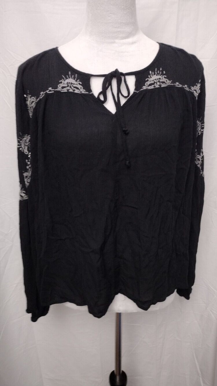 Rock & Republic Womens Blouse Sz L Black Bead Embroidered Long Sleeve Hi Low Top